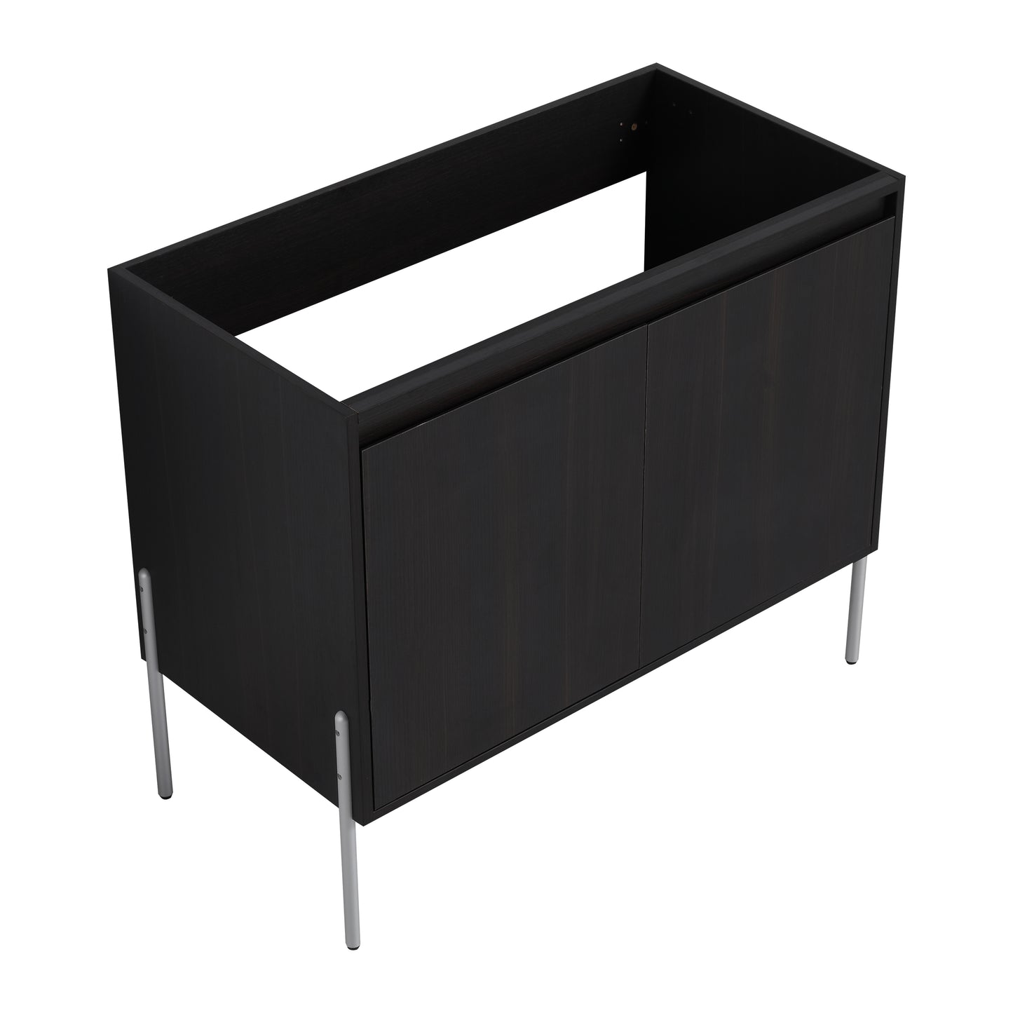 Dark oak veneer bathroom vanity cabinet with silver legs