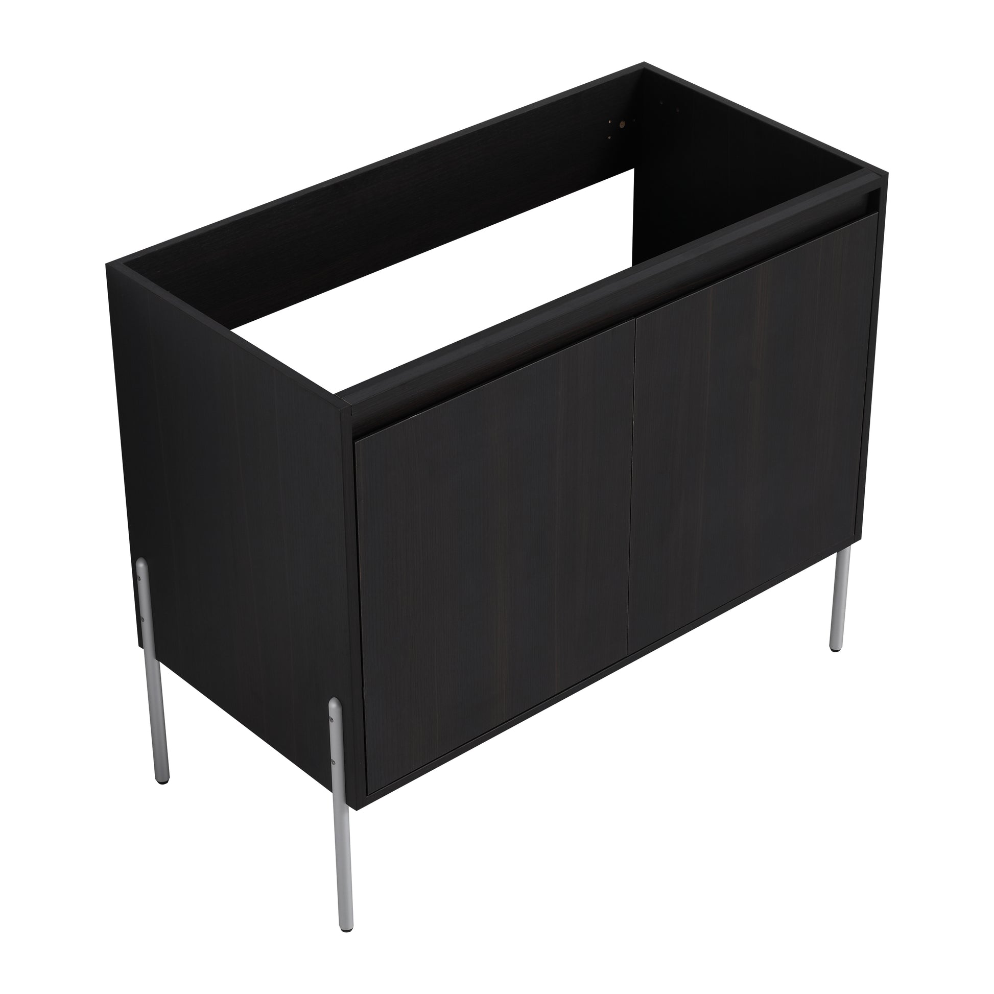 Dark oak veneer bathroom vanity cabinet with silver legs