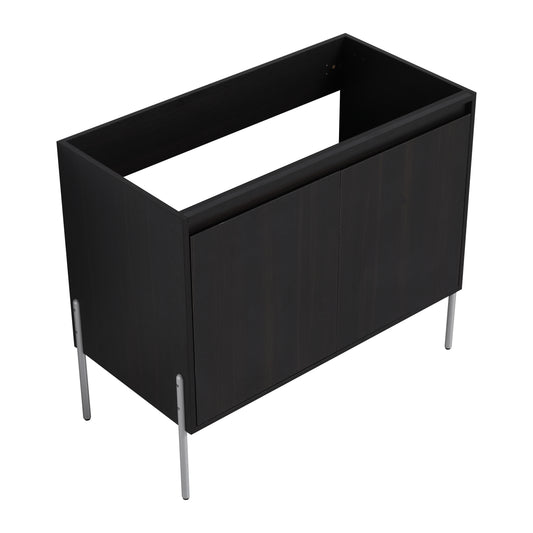 Dark oak veneer bathroom vanity cabinet with silver legs