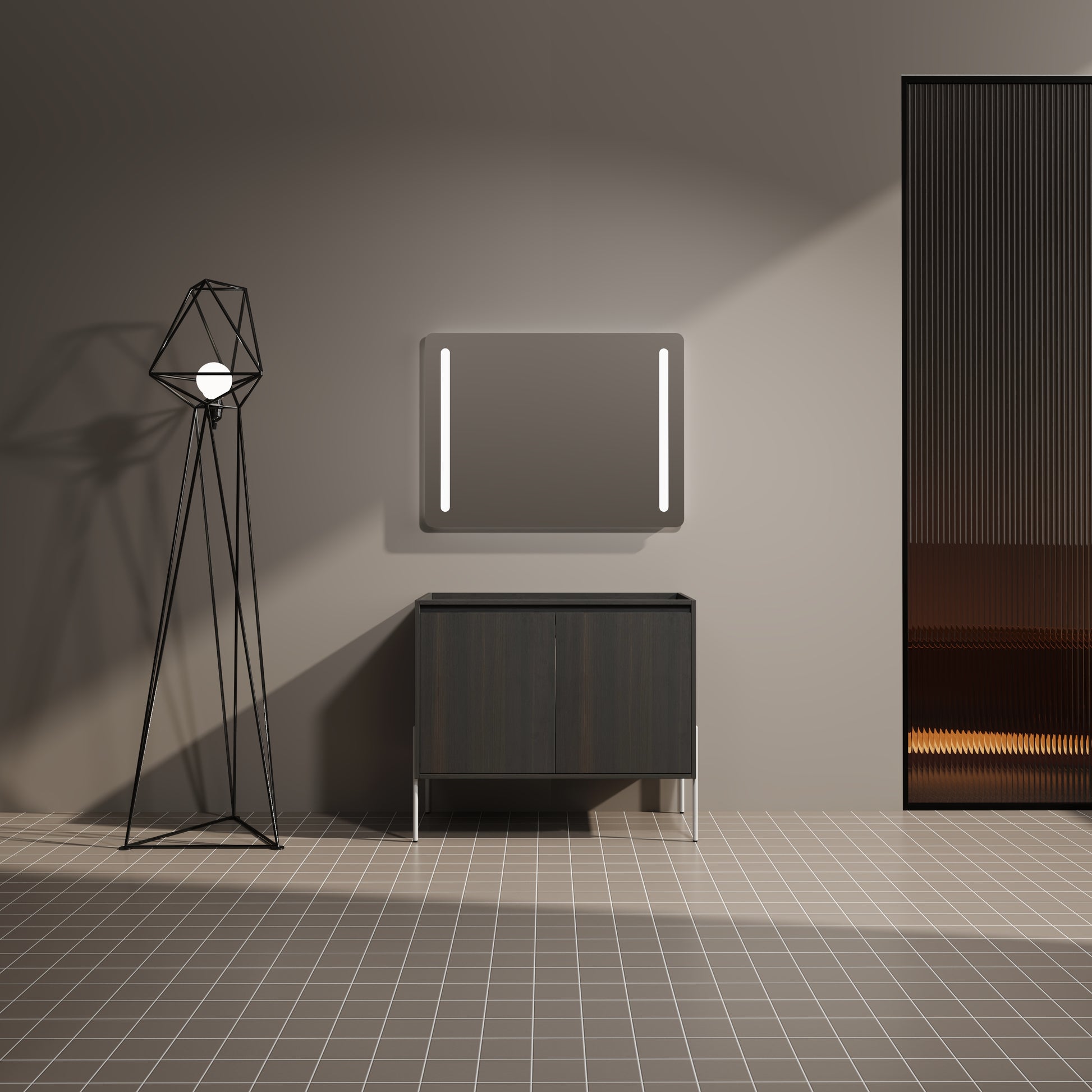 Dark wood modern bathroom vanity with brushed nickel legs