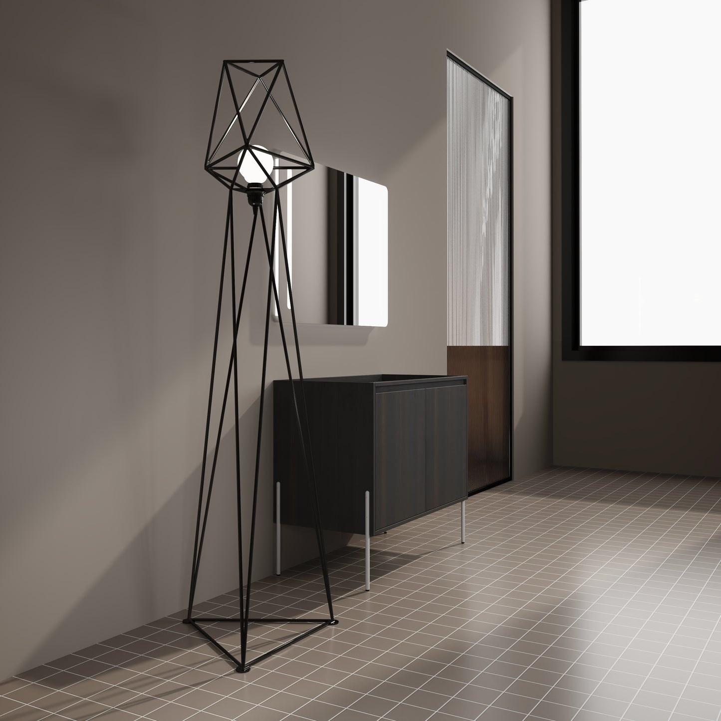 Modern geometric floor lamp with black metal frame