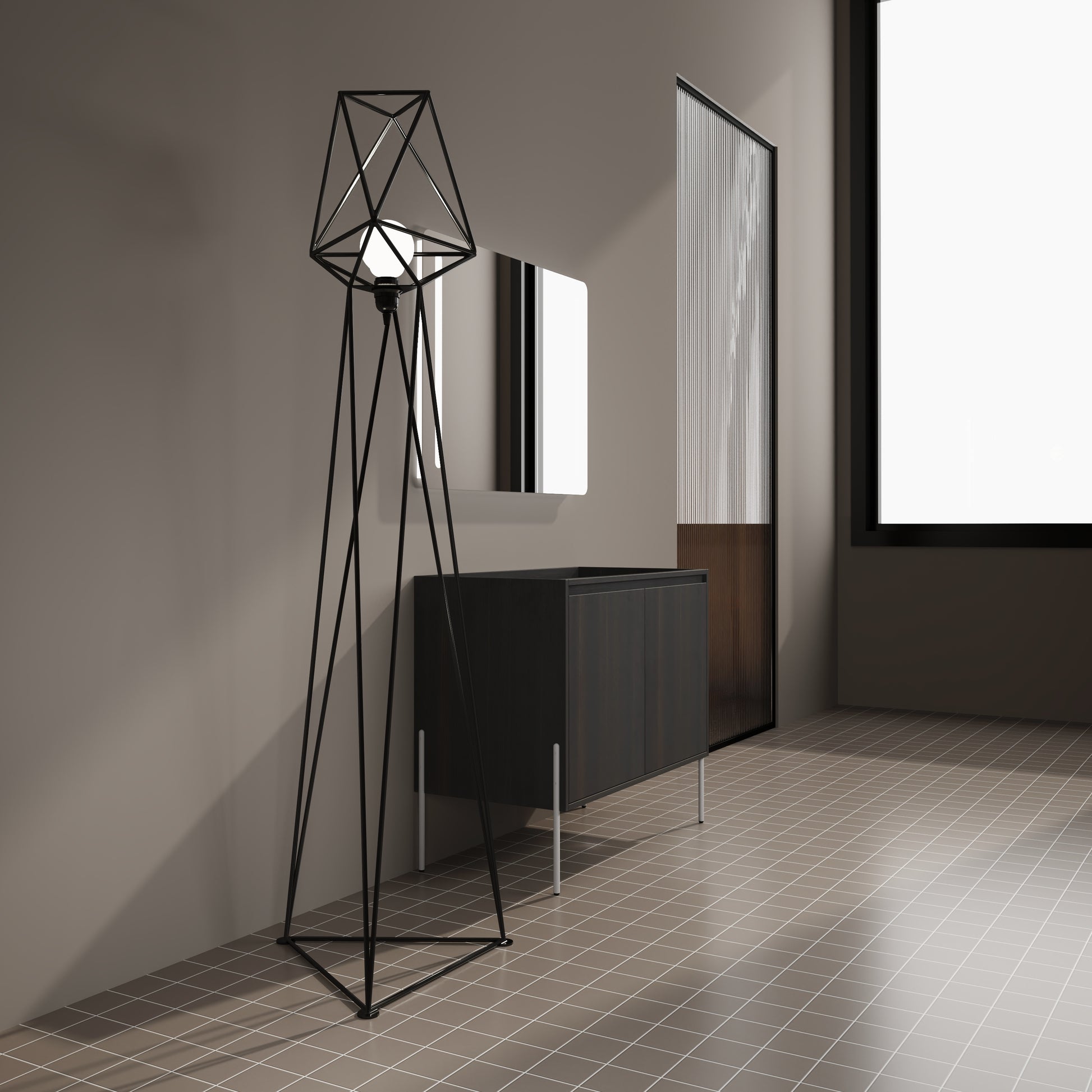 Modern geometric floor lamp with black metal frame