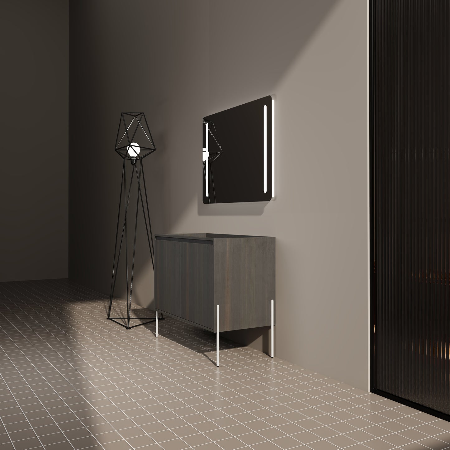 Modern geometric floor lamp with black metal frame and white bulb
