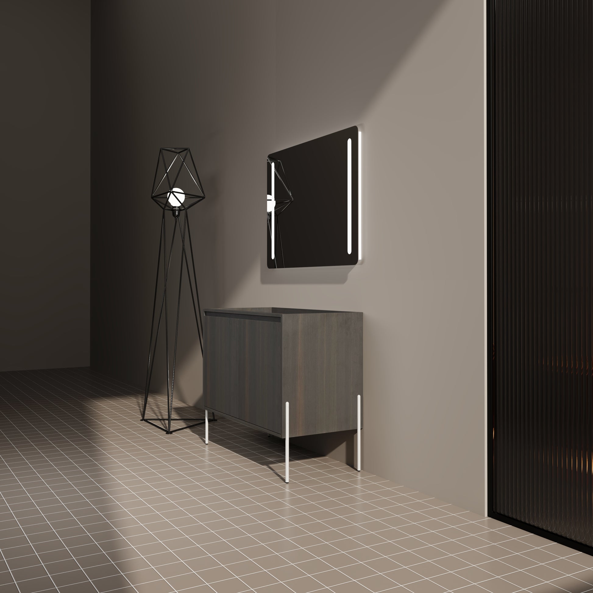 Modern geometric floor lamp with black metal frame and white bulb