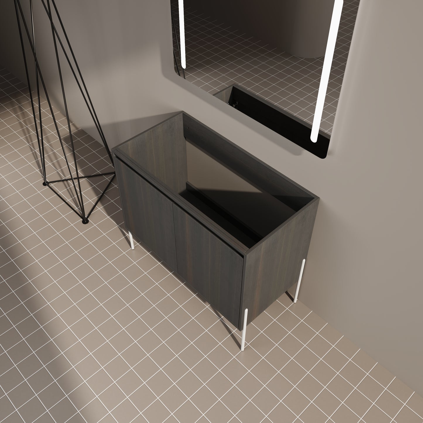 Dark oak bathroom vanity with white legs and two doors