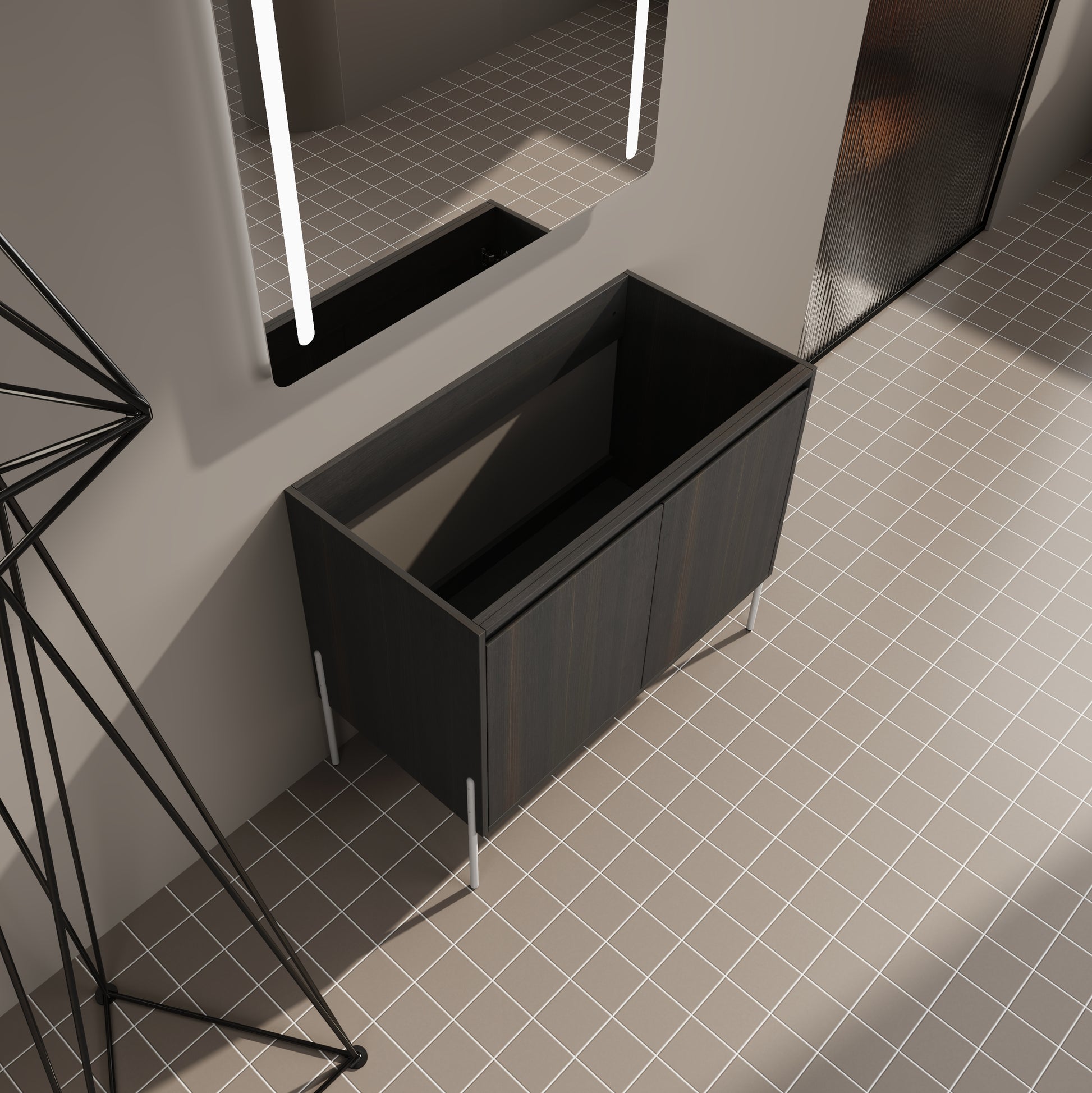 Dark wood modern bathroom vanity cabinet with silver legs