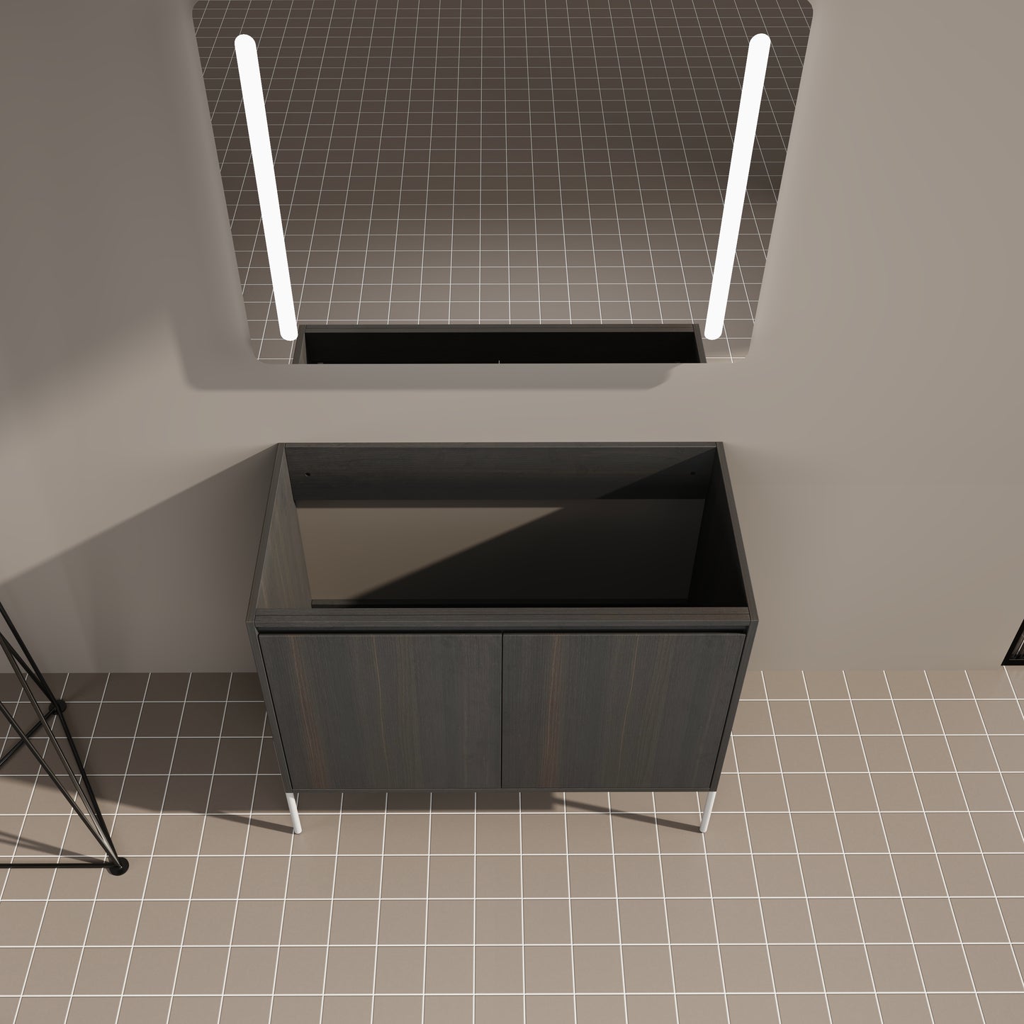 Dark wood bathroom vanity with white legs and integrated mirror