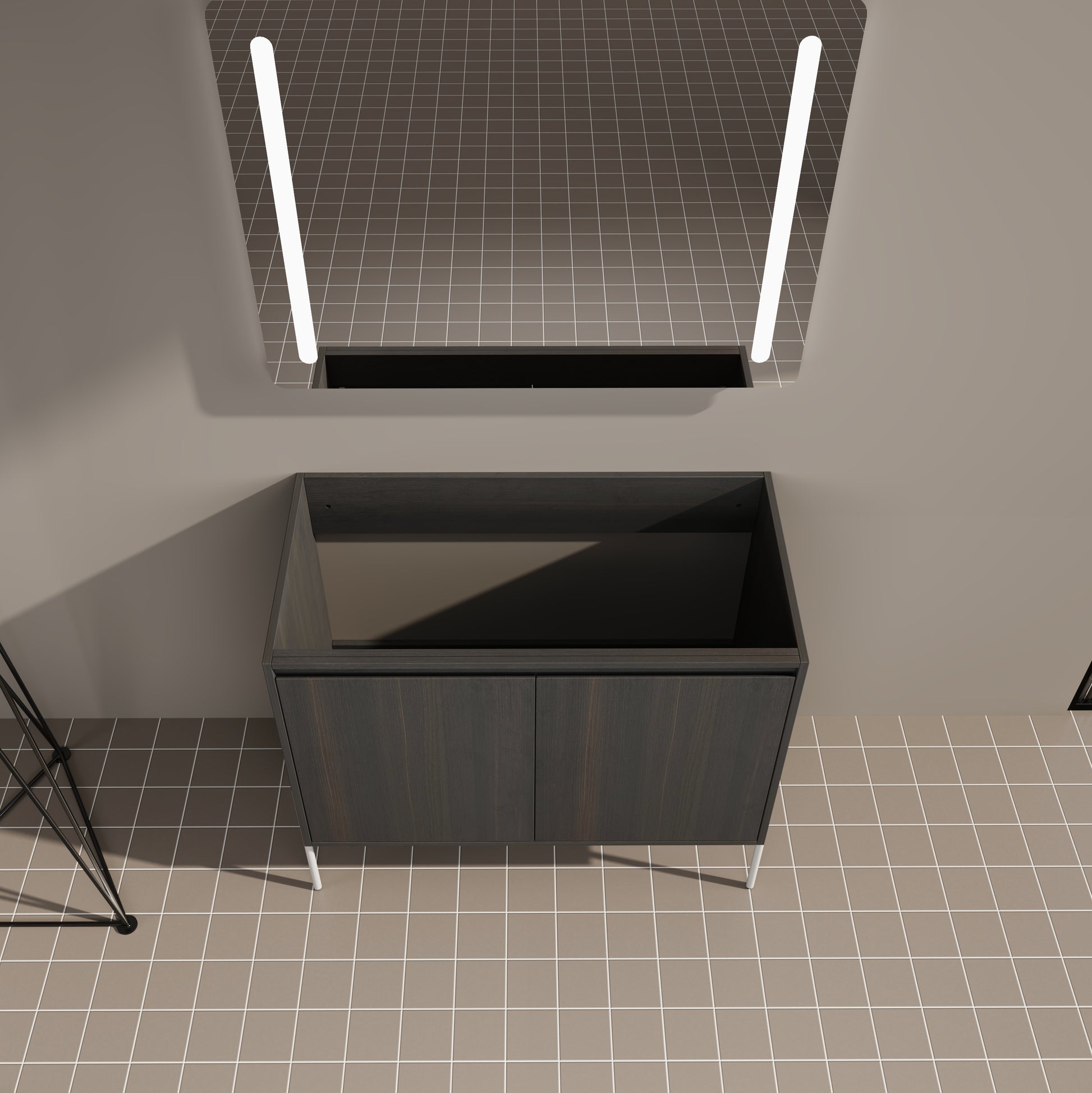 Dark wood bathroom vanity with white legs and integrated mirror