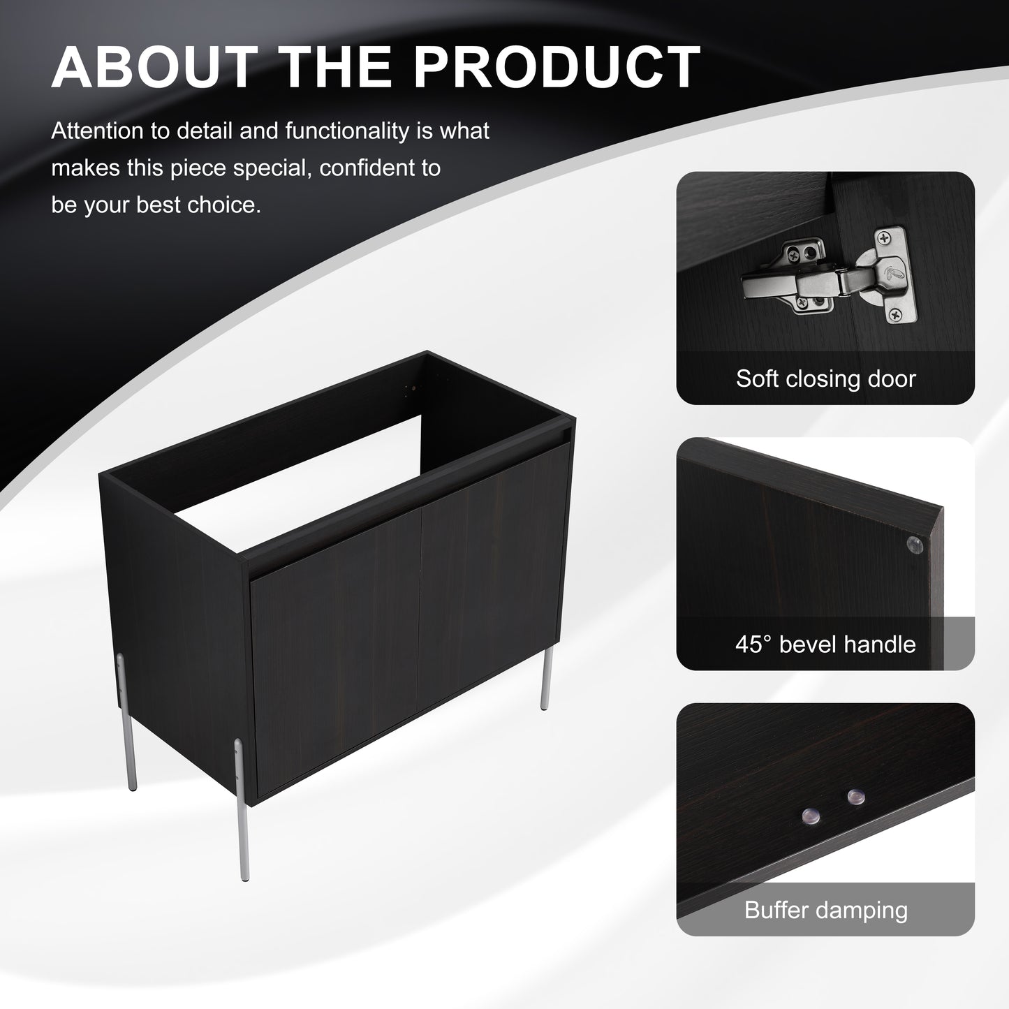 Dark wood bathroom vanity with brushed silver legs