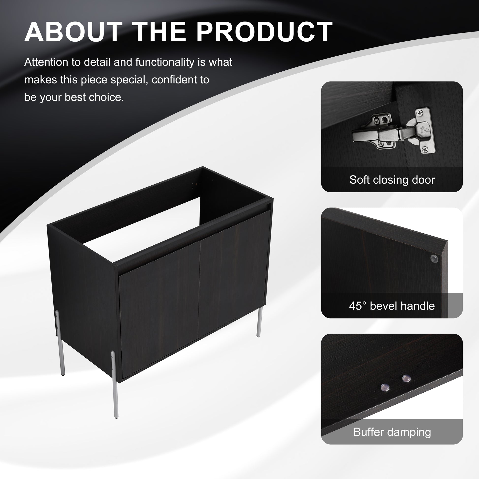 Dark wood bathroom vanity with brushed silver legs
