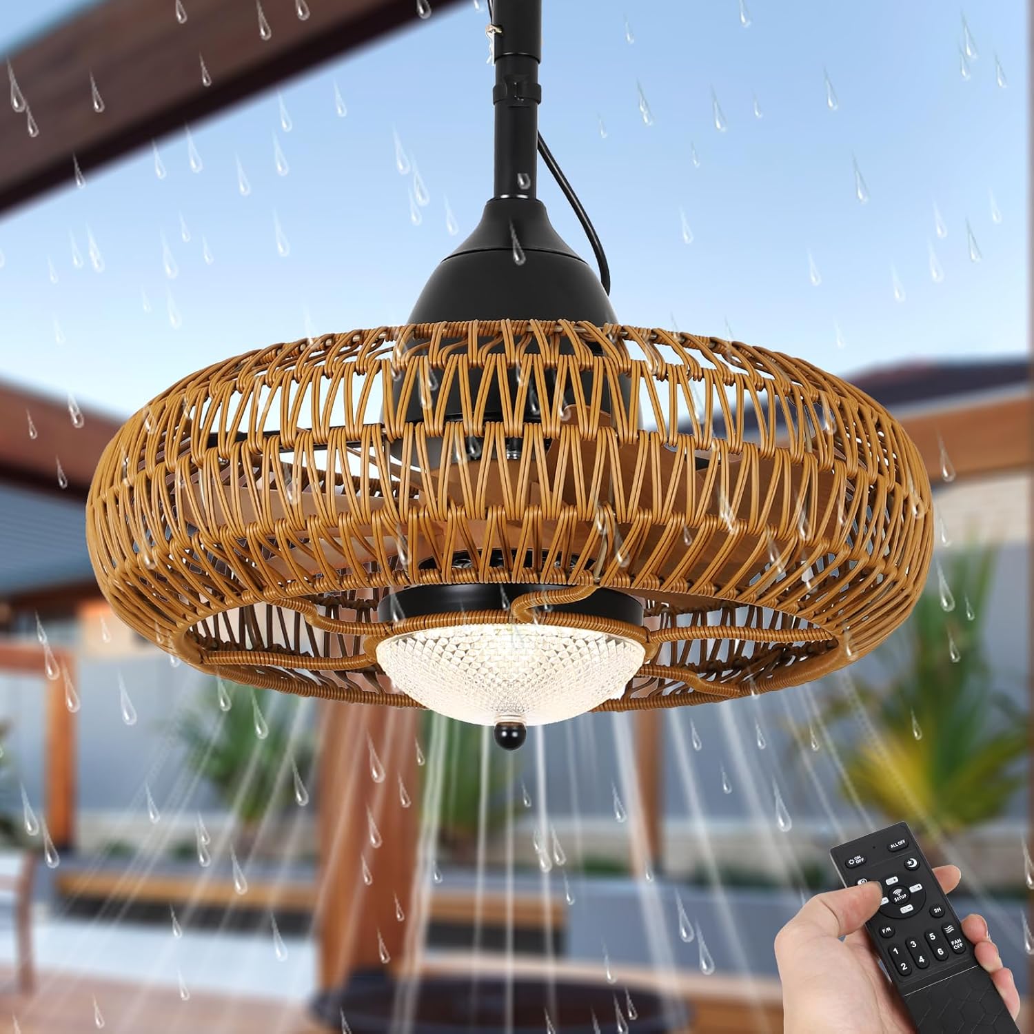Outdoor wicker ceiling fan with integrated light and remote control