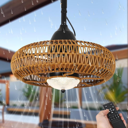 Outdoor wicker ceiling fan with integrated light and remote control