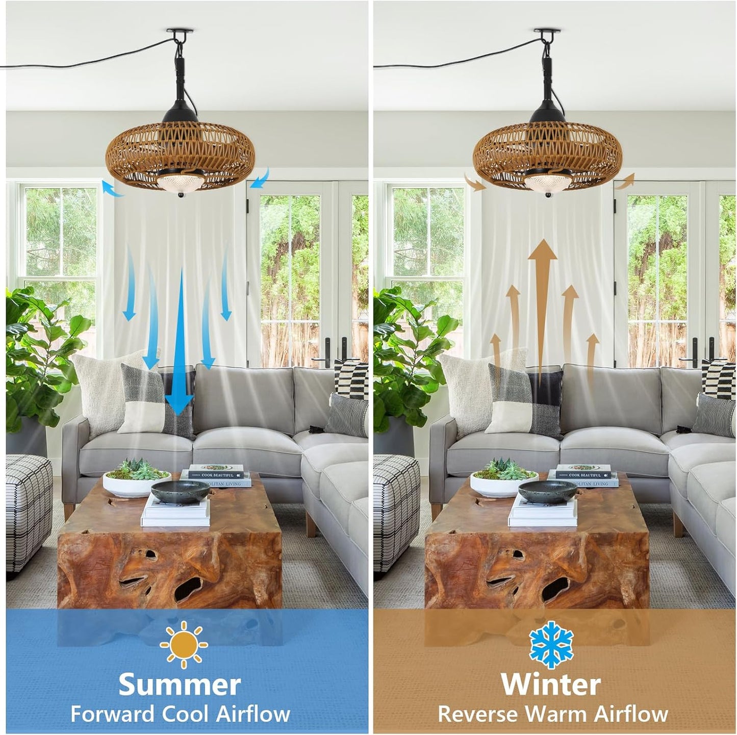 Woven rattan ceiling fan with LED light and reversible airflow