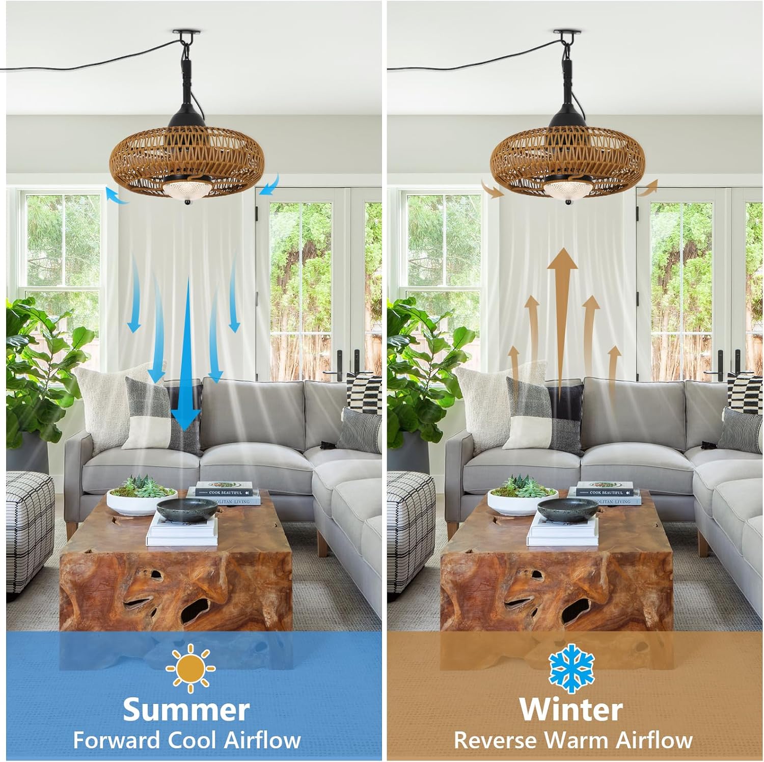 Woven rattan ceiling fan with LED light and reversible airflow