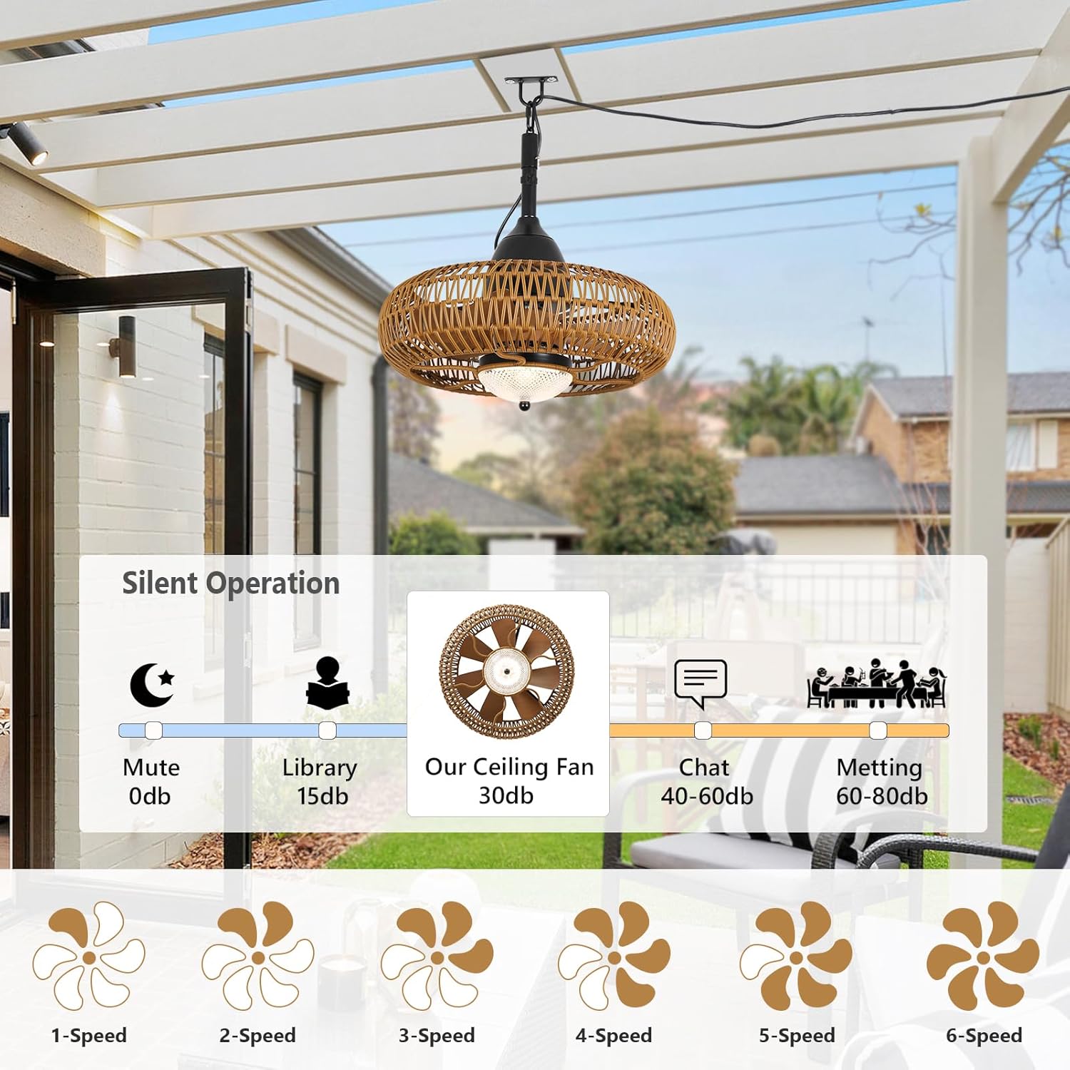 Woven Rattan Ceiling Fan with Integrated Light