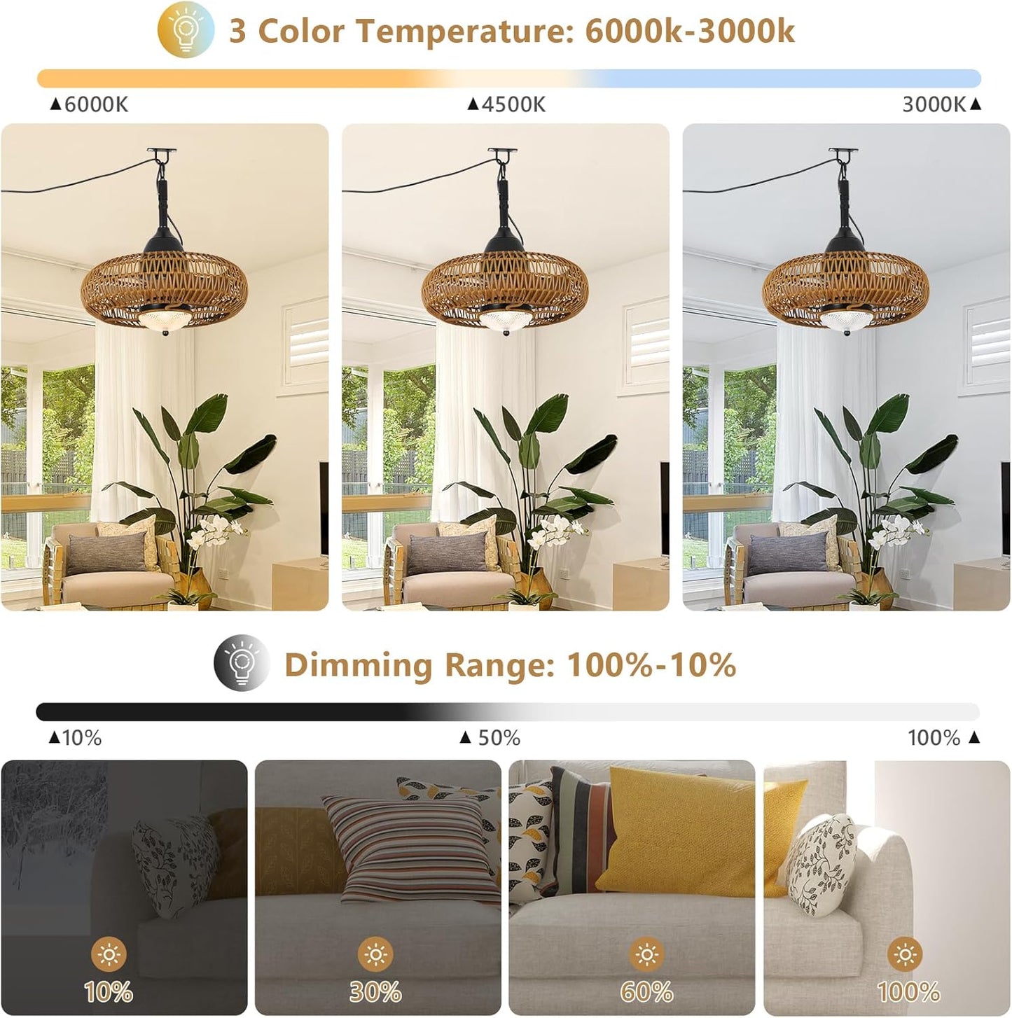 Rattan pendant light with adjustable color temperature