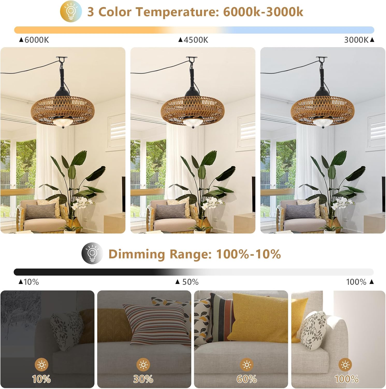Rattan pendant light with adjustable color temperature