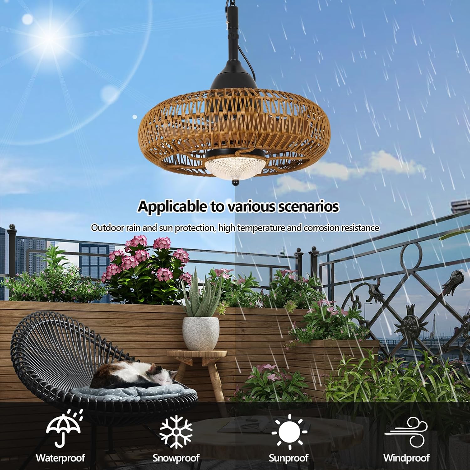Wicker outdoor ceiling fan with natural brown weave and integrated light perfect for patios