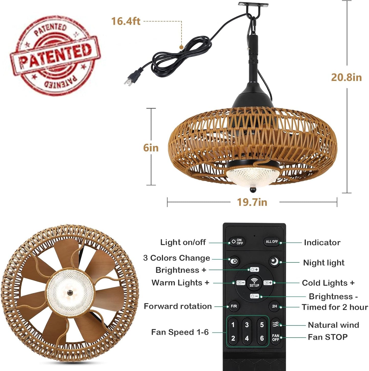 Rattan basket ceiling fan with light and remote control