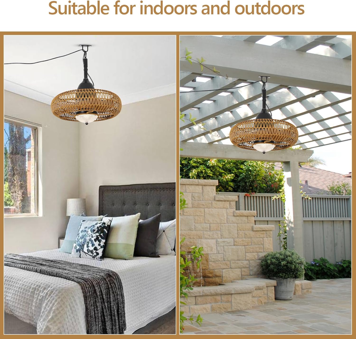 Woven pendant light with black accents for indoor bedroom use