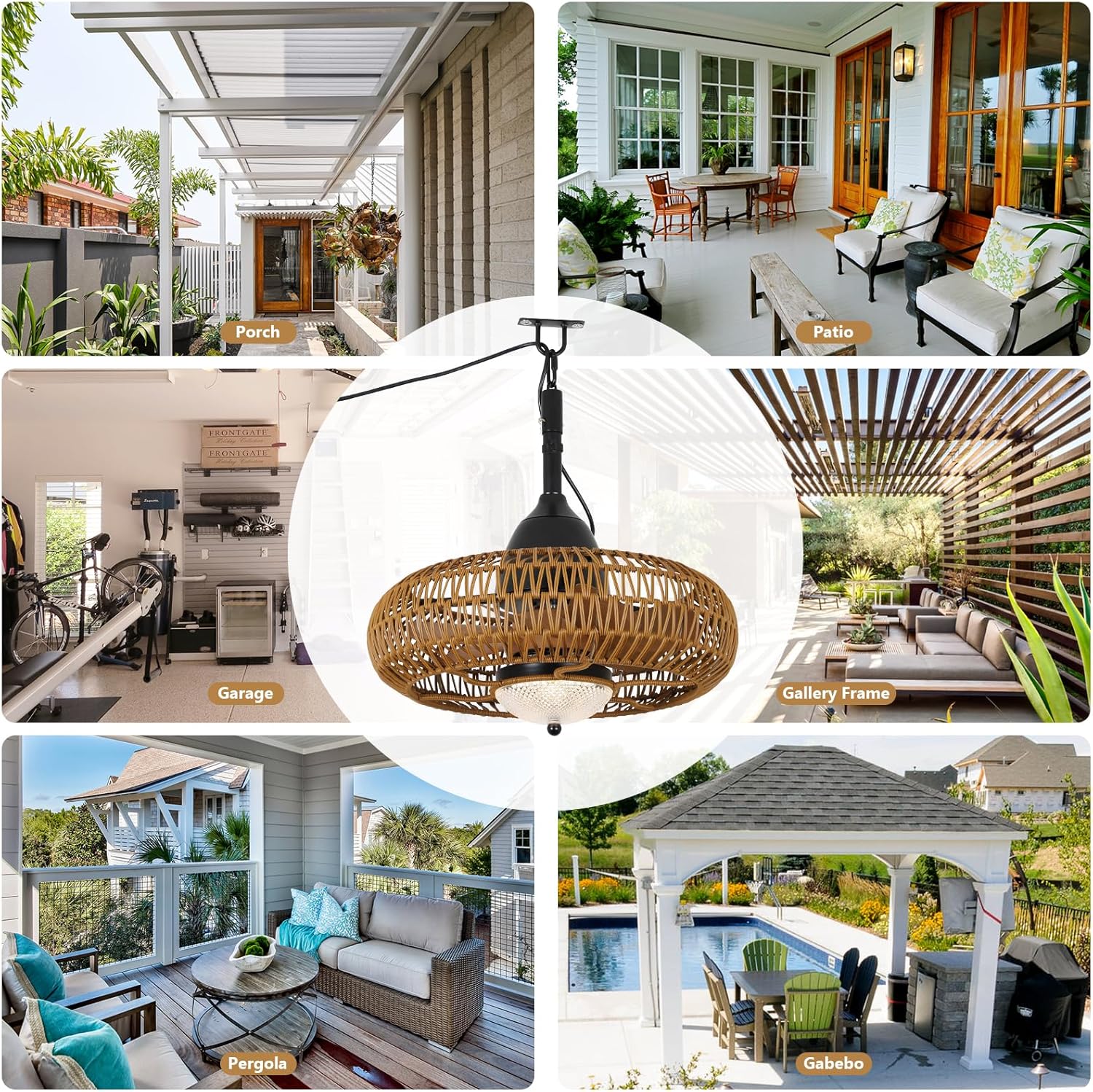 Modern white porch with plants and a hanging basket