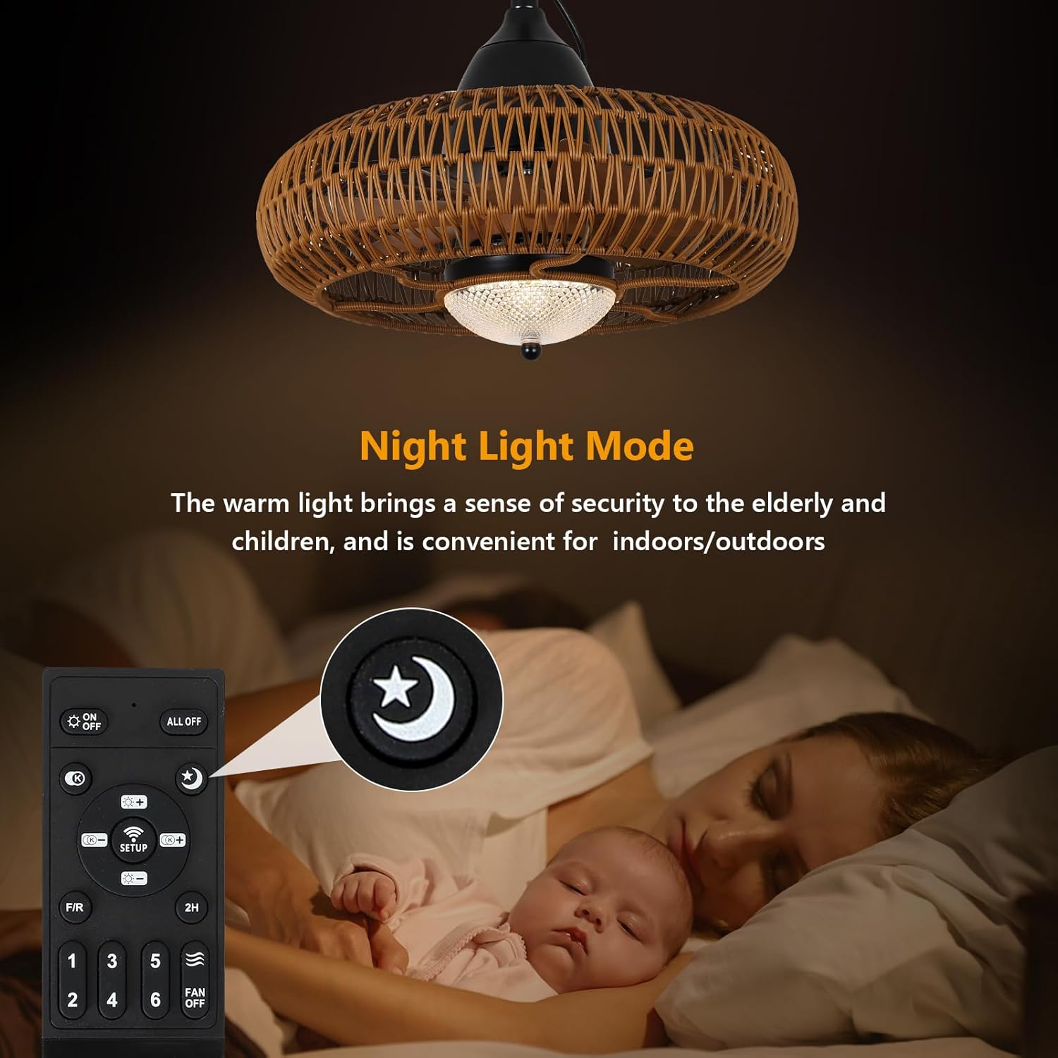 Rattan ceiling fan with modern lamp and remote