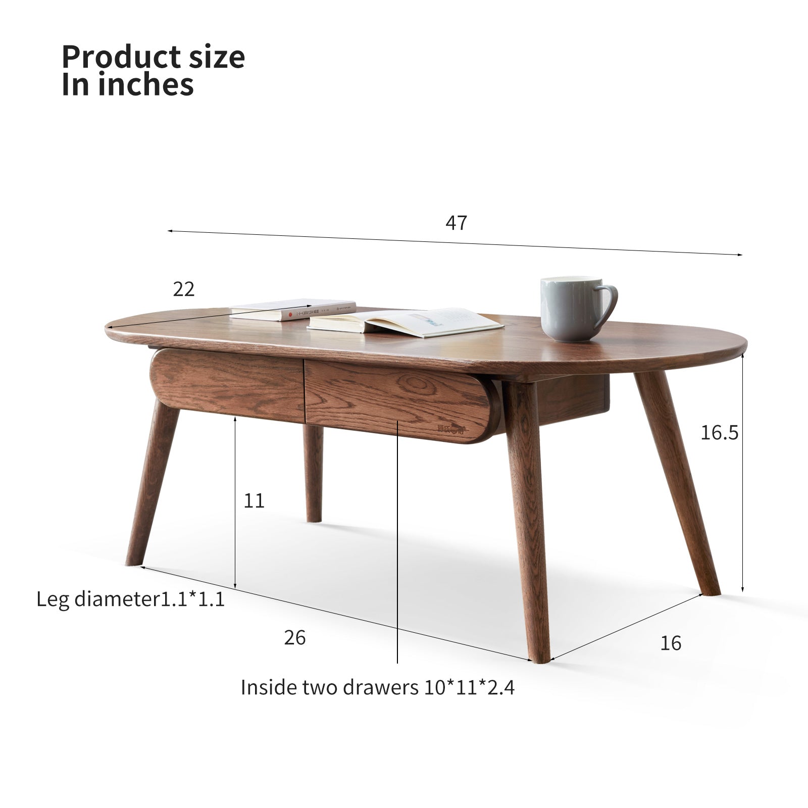 Oval wood coffee table with two drawers and tapered legs