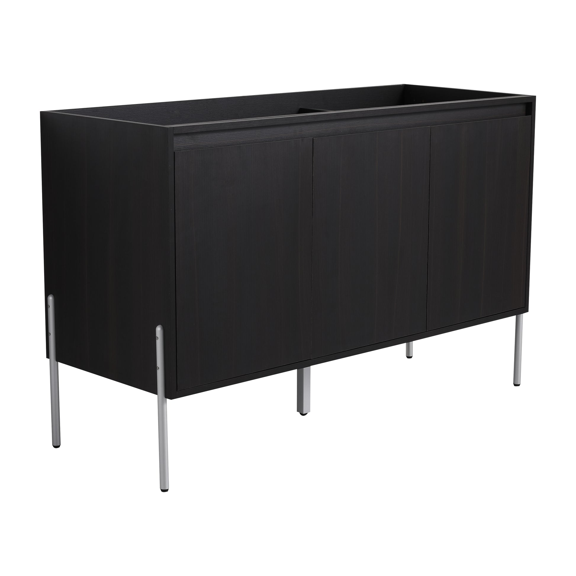 Dark wood bathroom vanity cabinet with three doors and silver legs