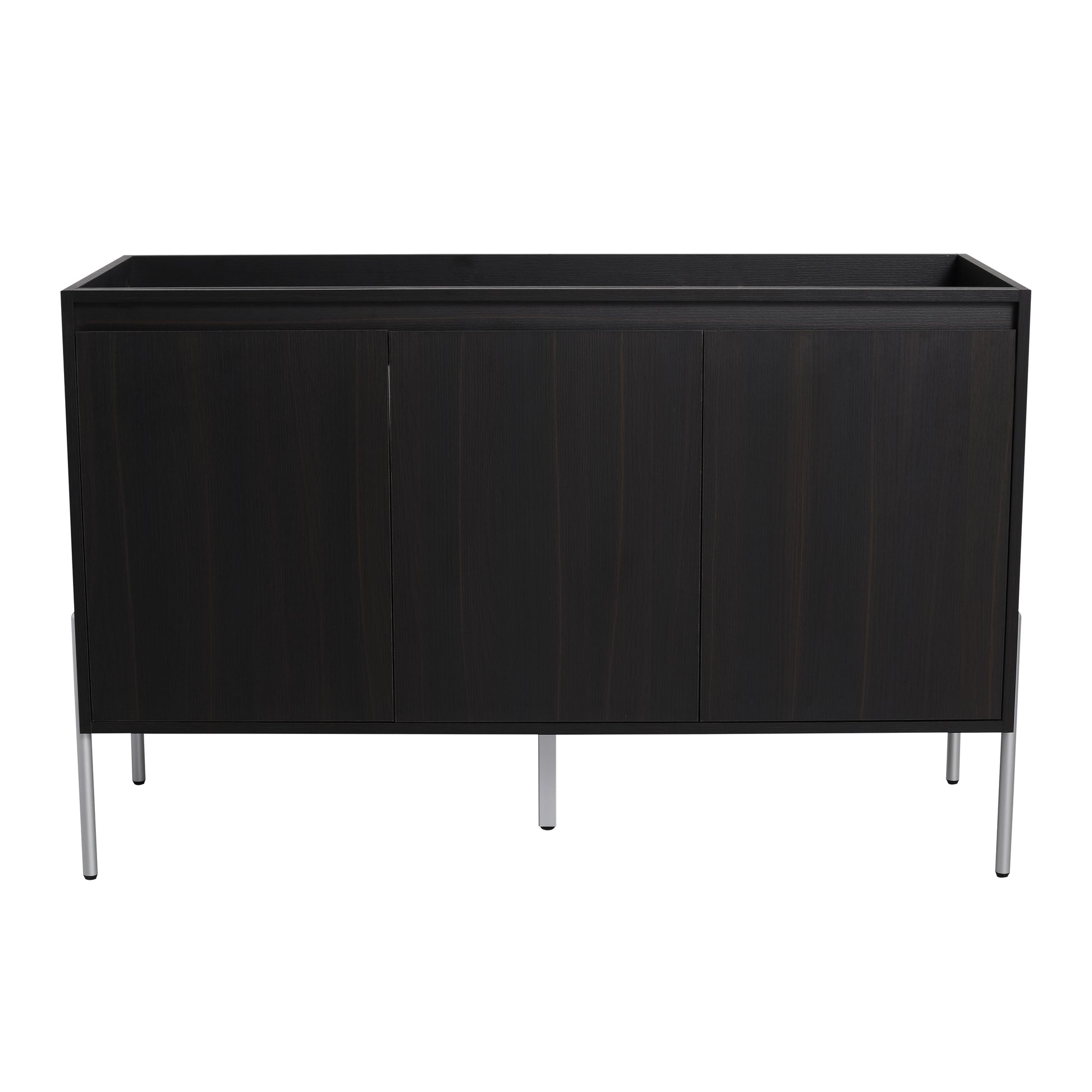 Dark wood bathroom vanity with three cabinet doors and silver legs