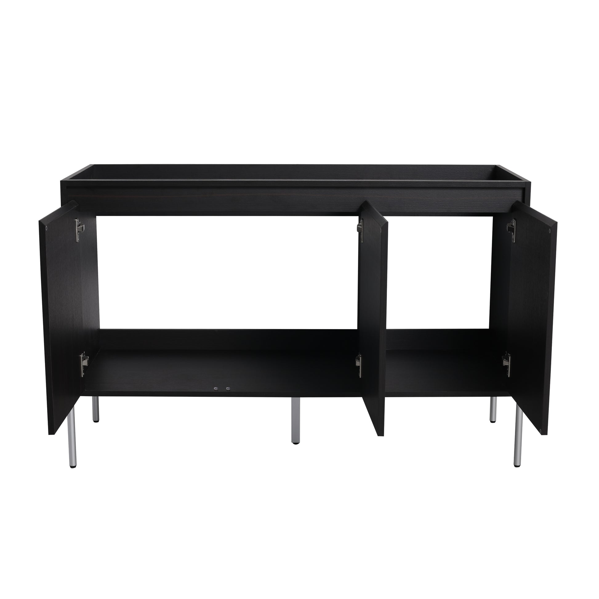 Black wood vanity cabinet with open doors and silver legs
