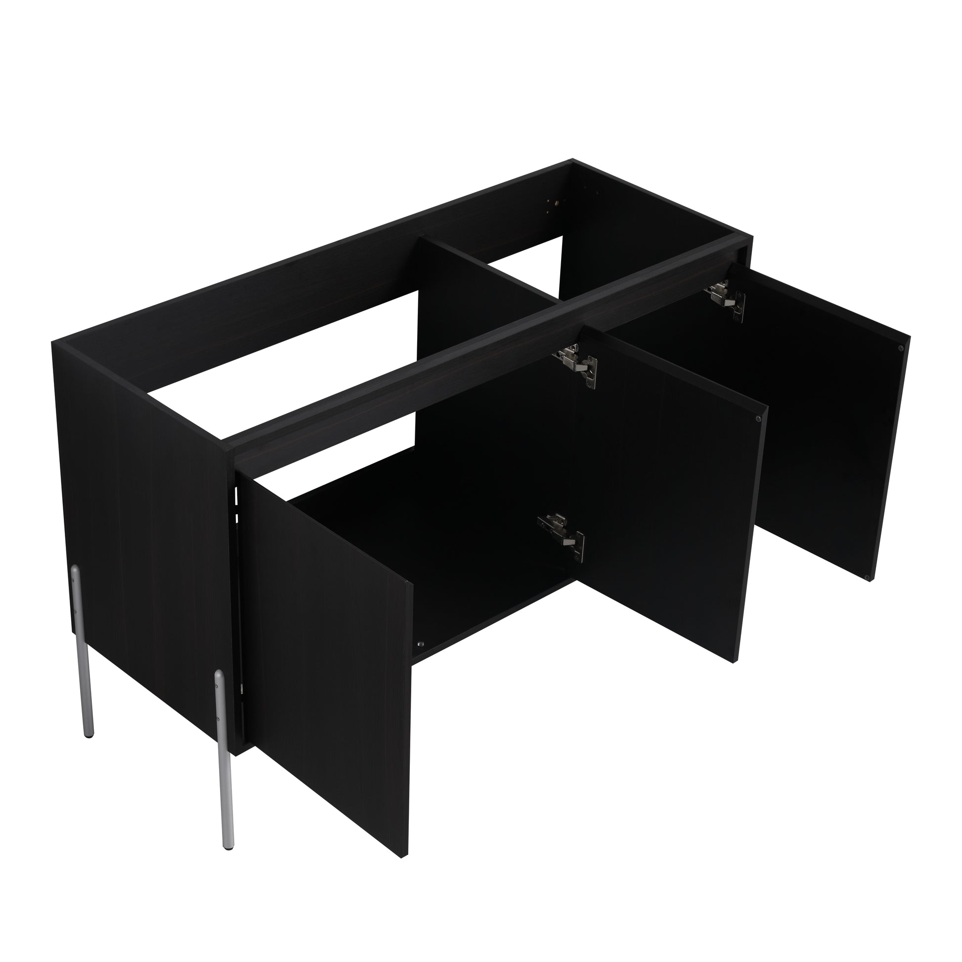 Black particleboard vanity cabinet base with silver legs and open doors