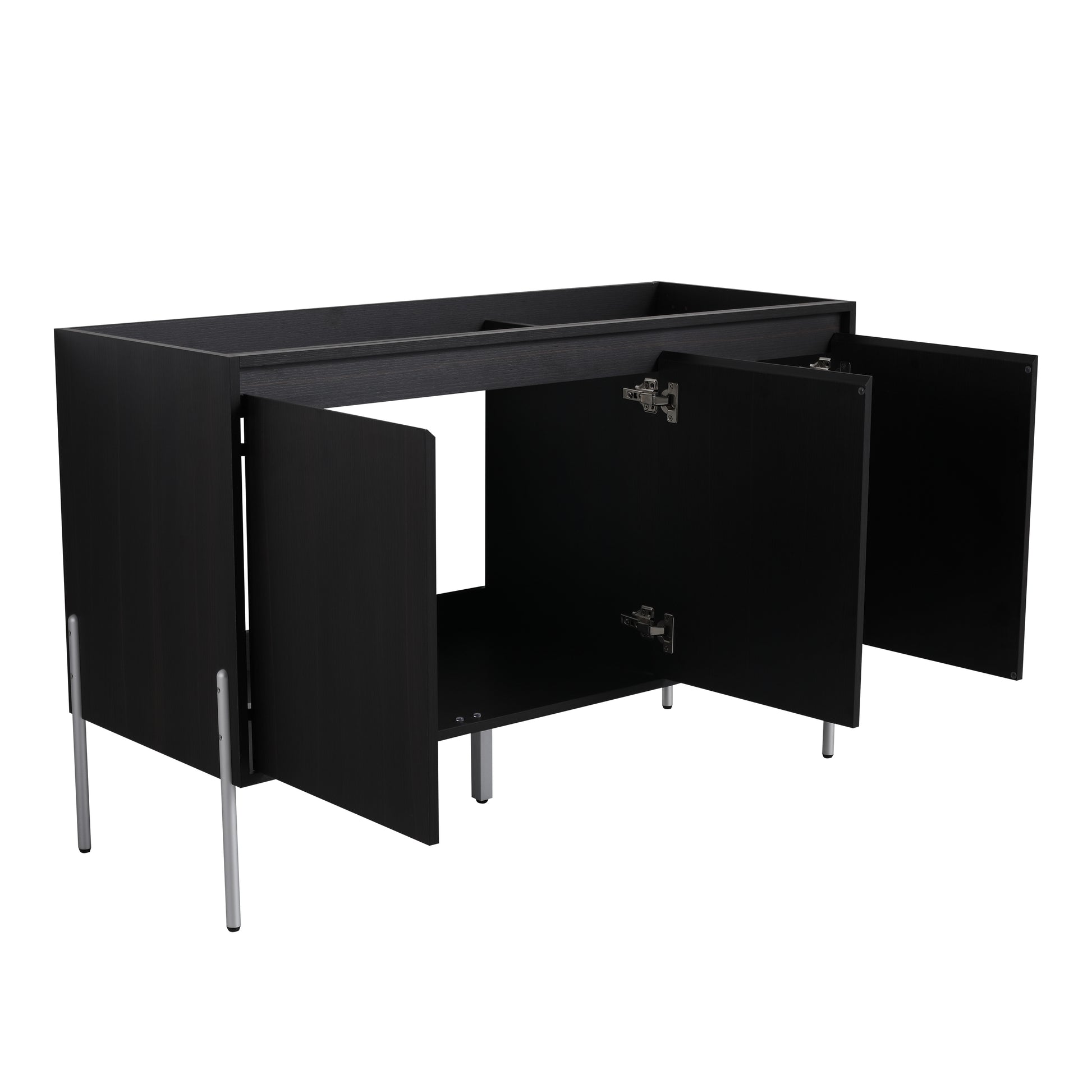 Black modern vanity cabinet base with silver legs and open doors