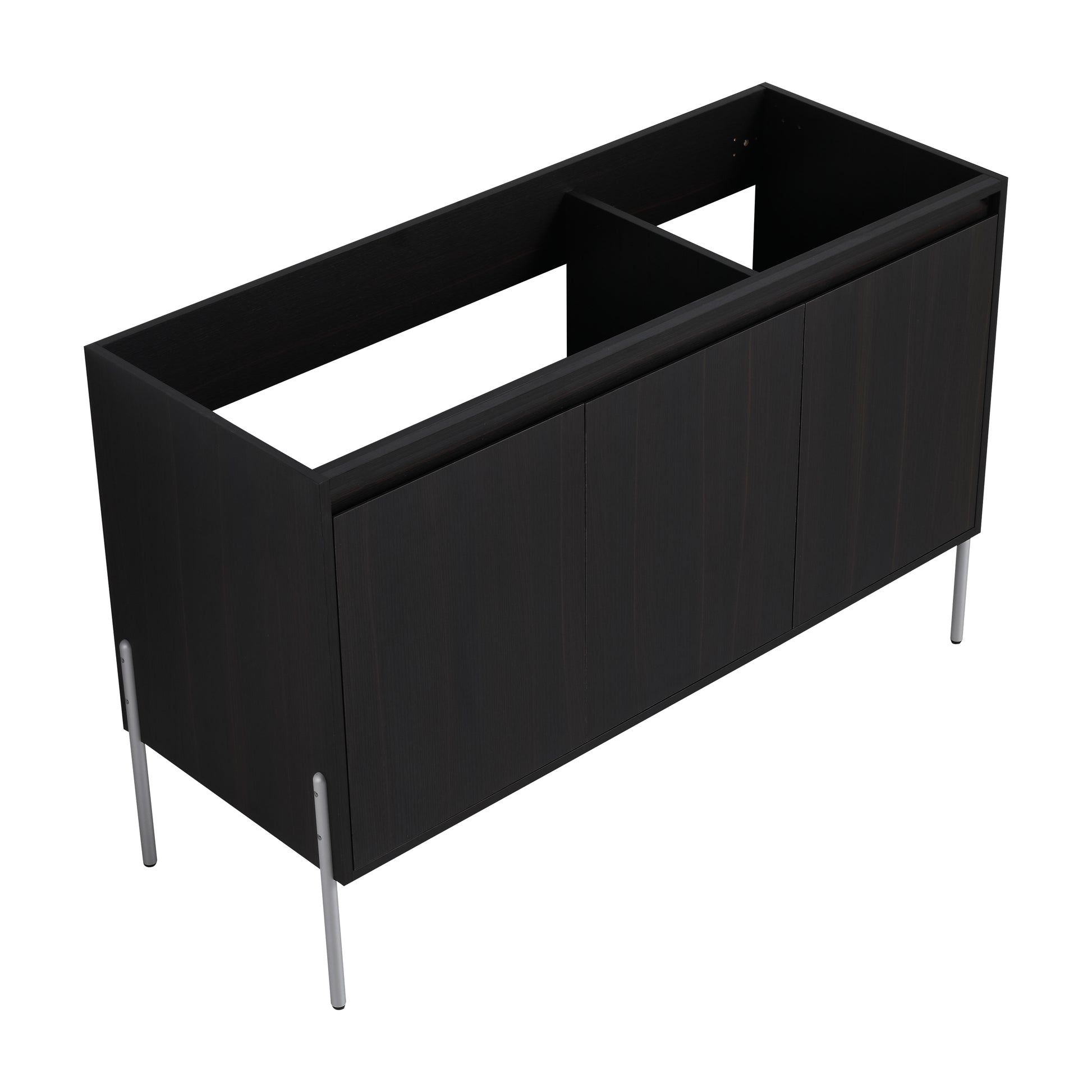 Dark wood vanity base with three doors and metal legs