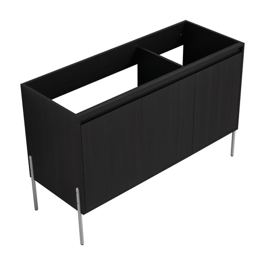 Dark wood vanity base with three doors and metal legs
