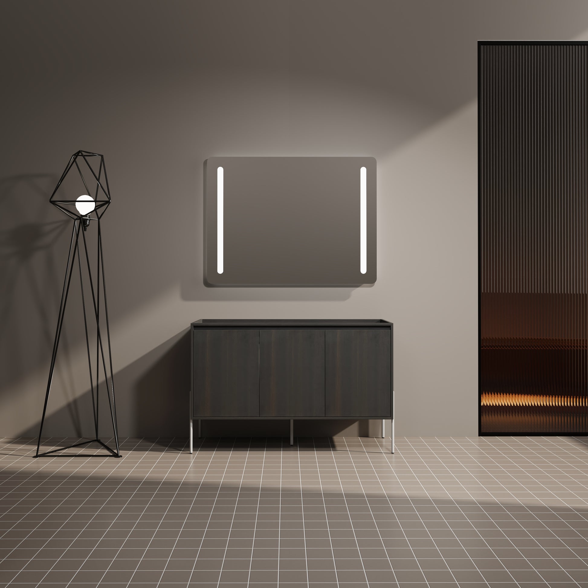 Dark wood bathroom vanity with three doors and metal legs