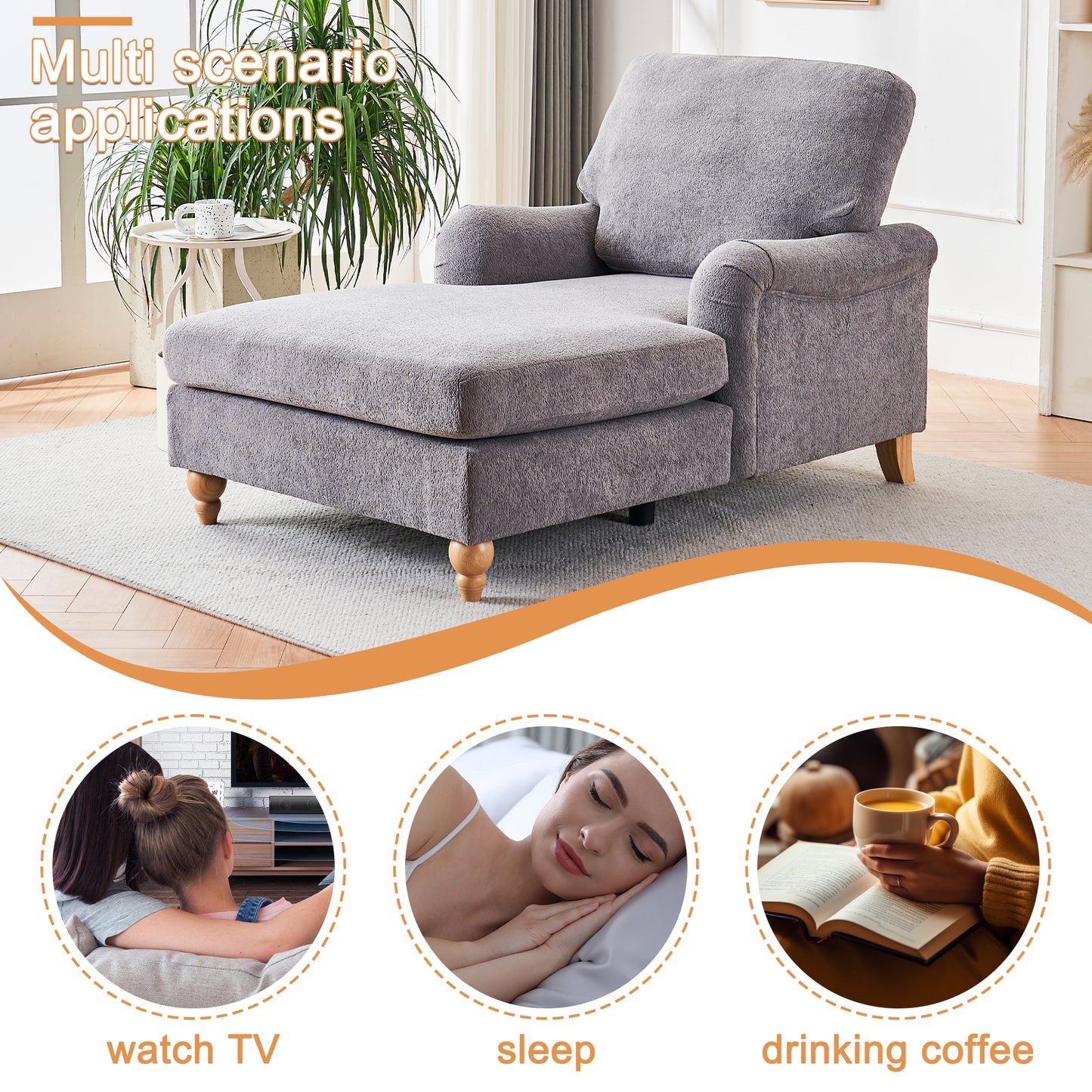 Gray fabric sofa with chaise lounge and wooden legs