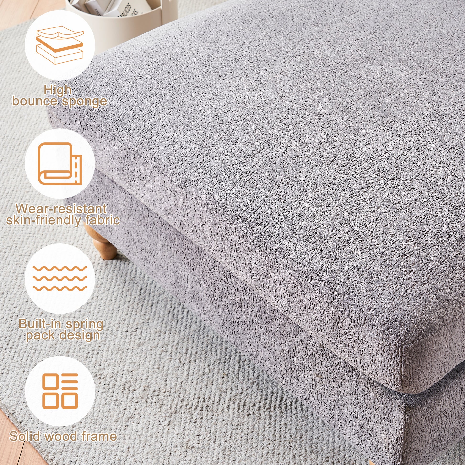 Grey upholstered ottoman with high bounce sponge filling