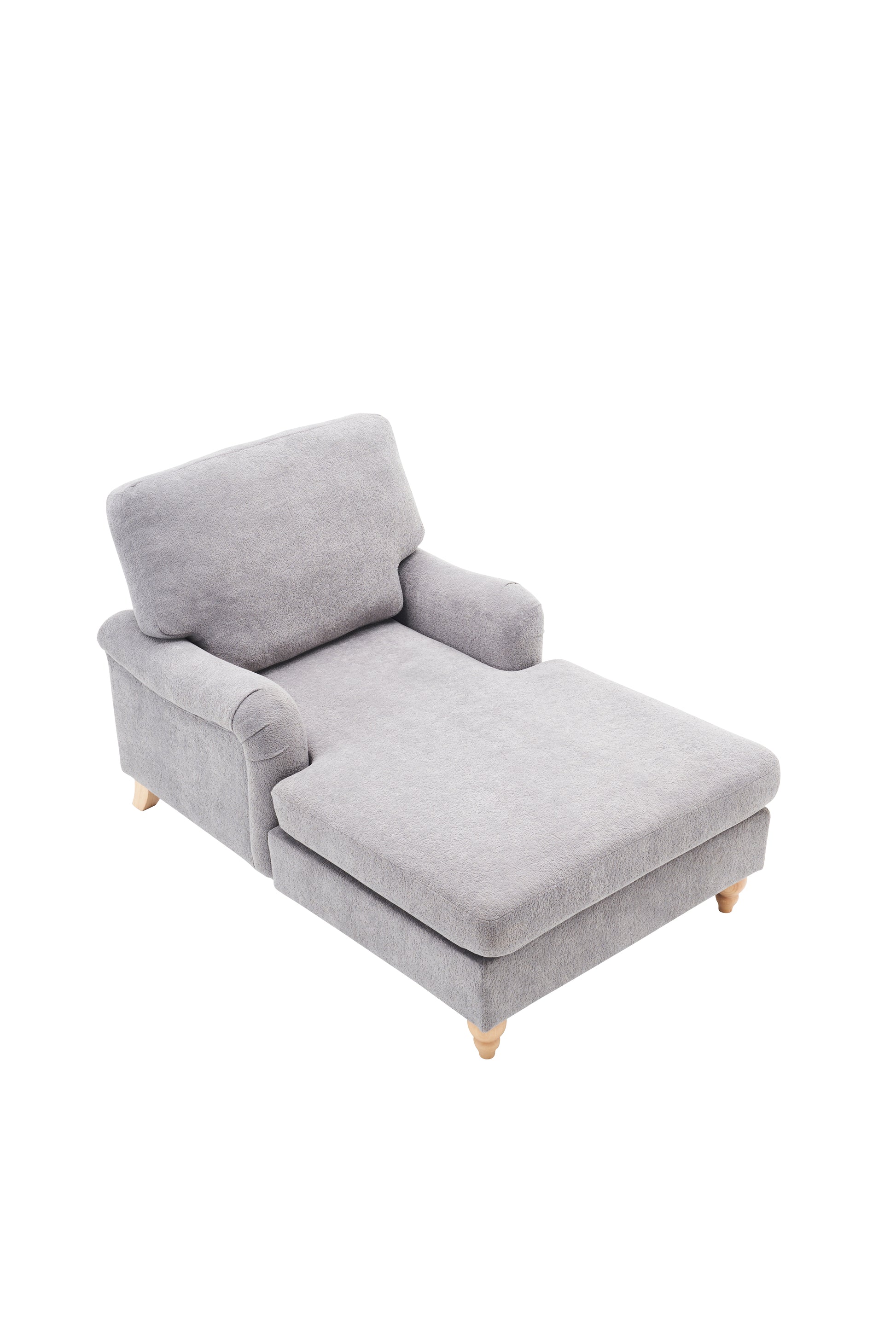 Gray fabric chaise lounge with plush cushioning and wooden legs