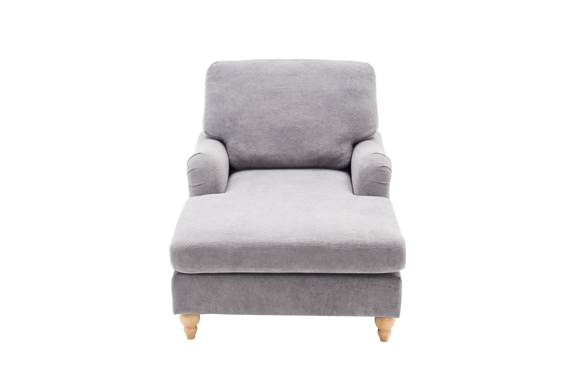 Gray fabric chaise lounge with tufted backrest and wooden legs
