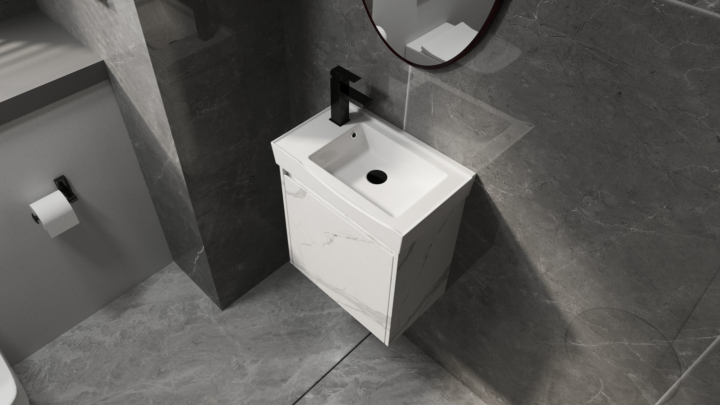 White ceramic wallmount bathroom vanity with marble finish and black faucet