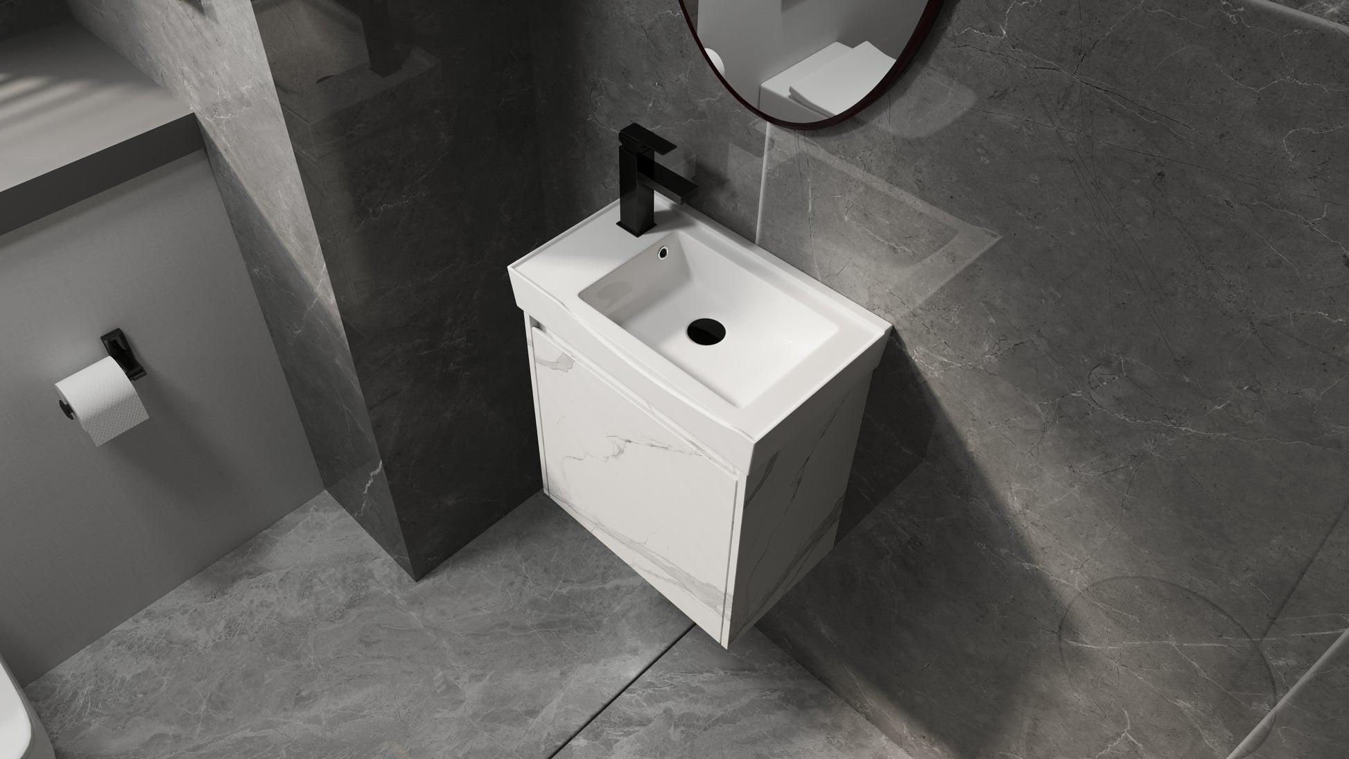 White ceramic wallmount bathroom vanity with marble finish and black faucet