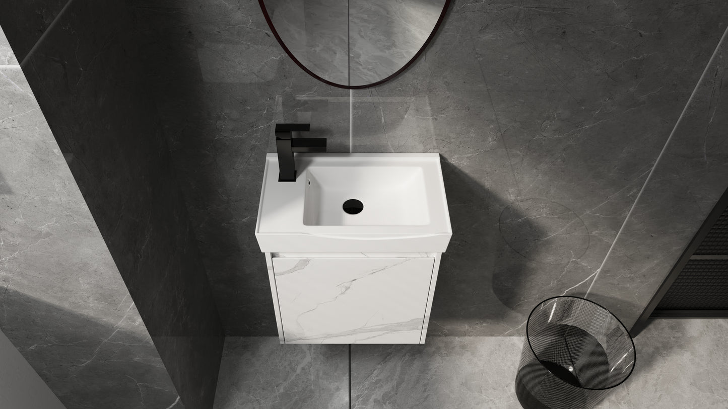 White ceramic wallmounted vanity with black faucet and marbleeffect cabinet