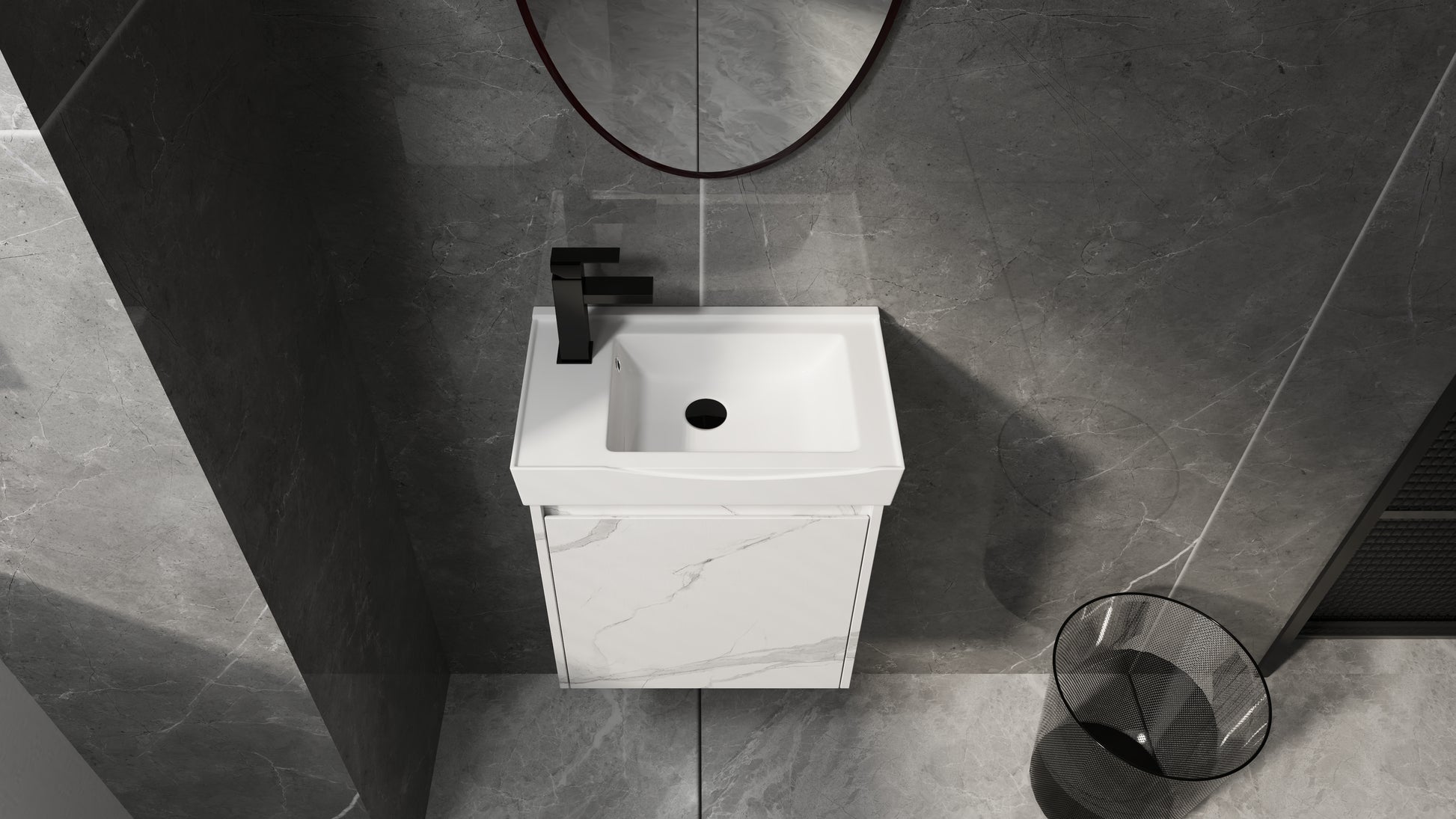 White ceramic wallmounted vanity with black faucet and marbleeffect cabinet