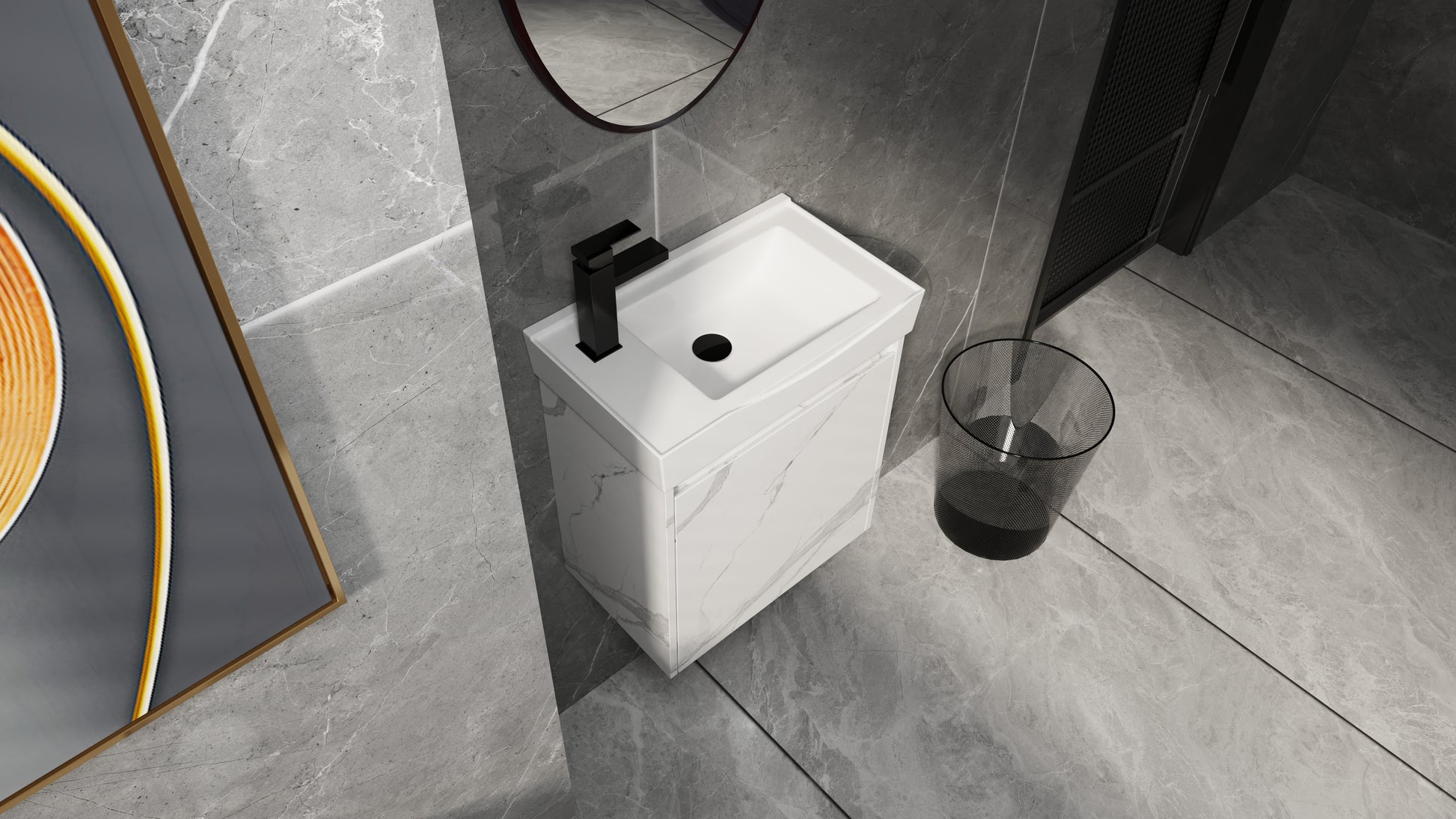 Modern white ceramic sink vanity with marblelook finish and matte black faucet