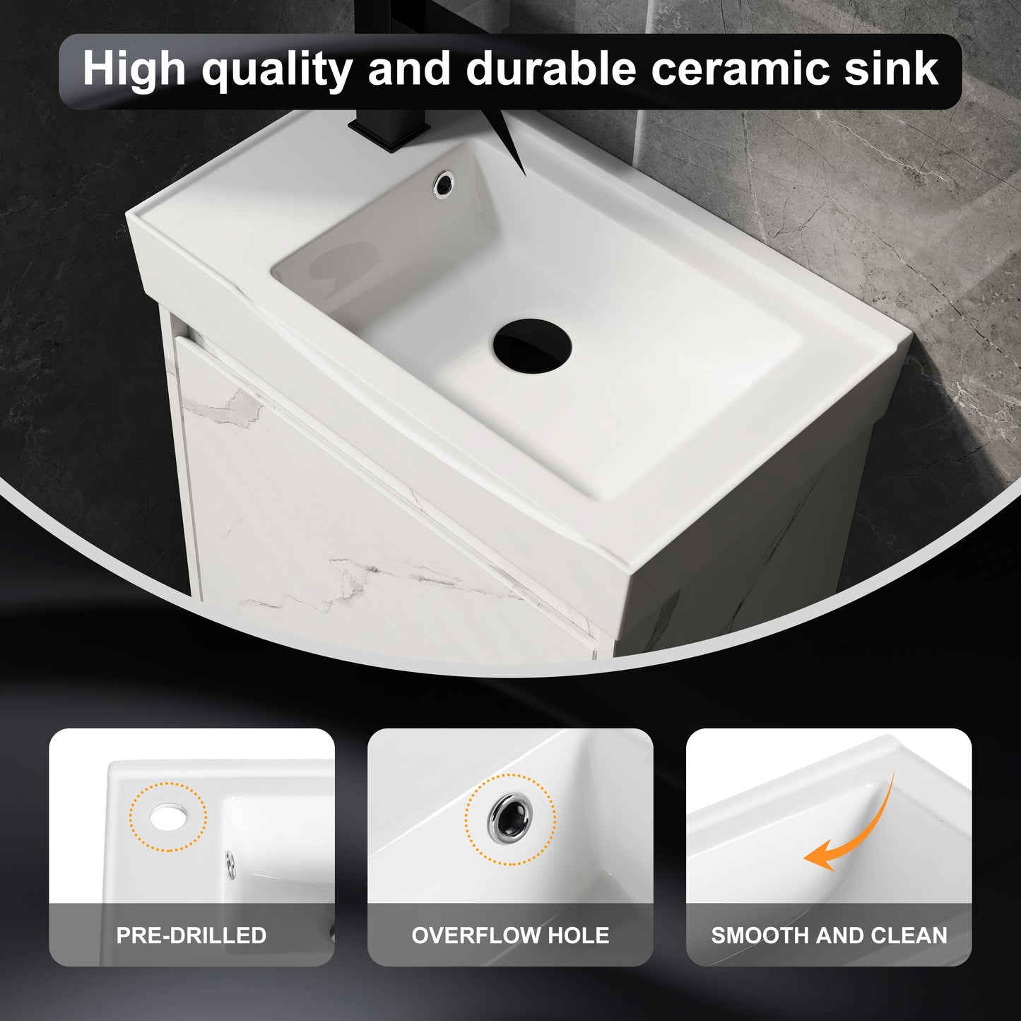 White ceramic sink with a black faucet and integrated drainage