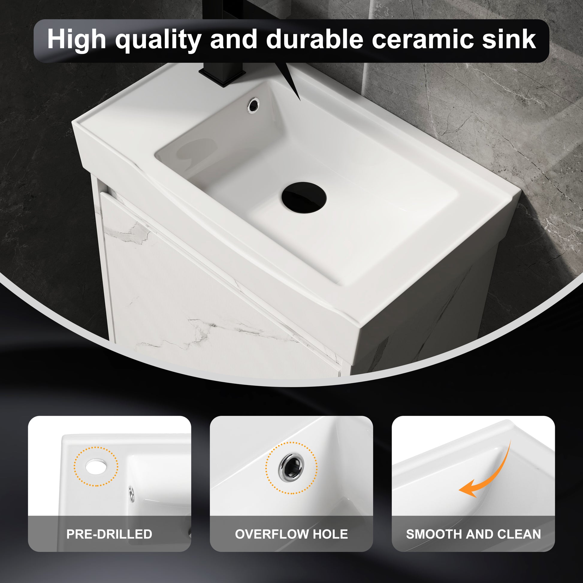 White ceramic sink with a black faucet and integrated drainage