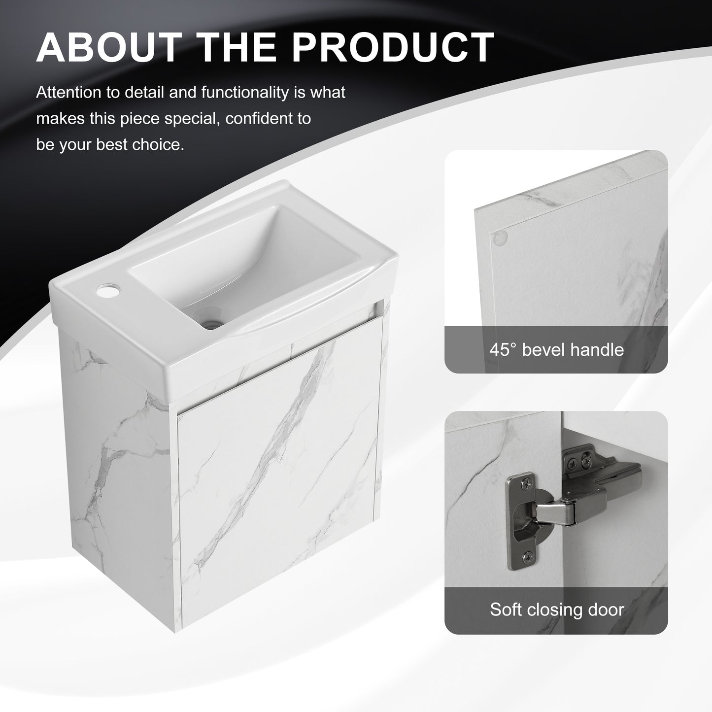 White ceramic sink with marbled cabinet and softclose door