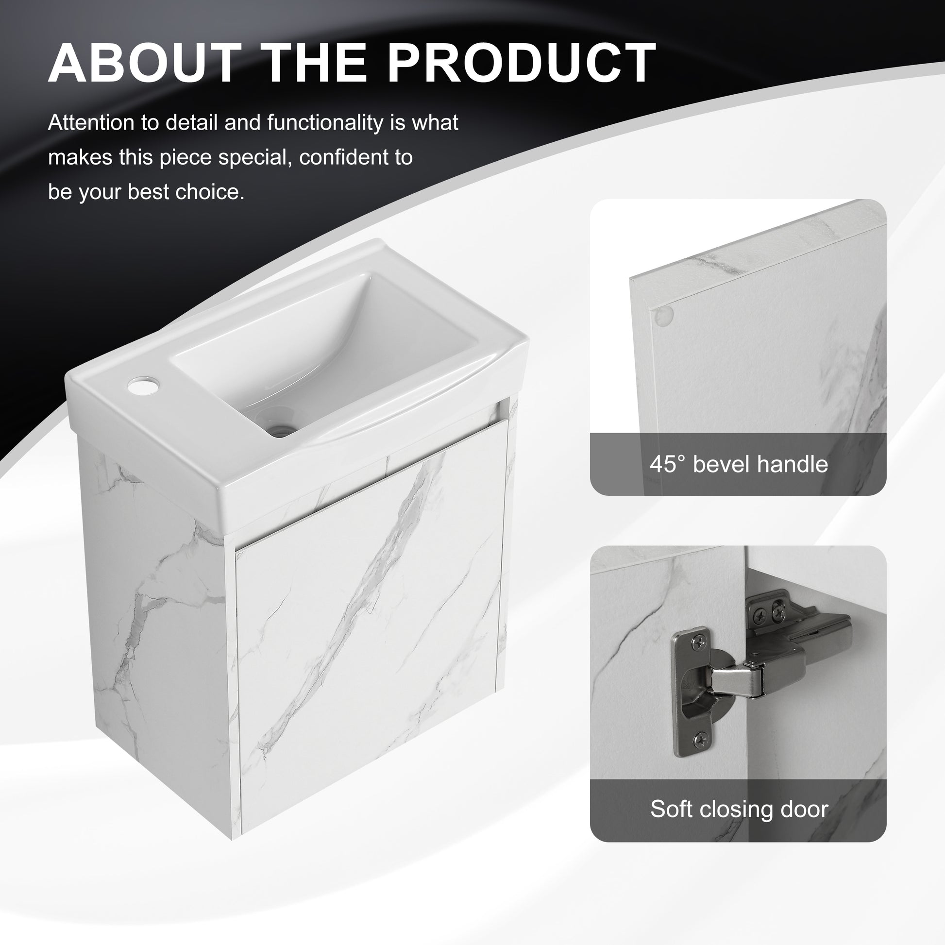 White ceramic sink with marbled cabinet and softclose door