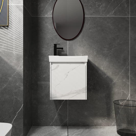 Modern white vanity with marbleeffect finish and black faucet