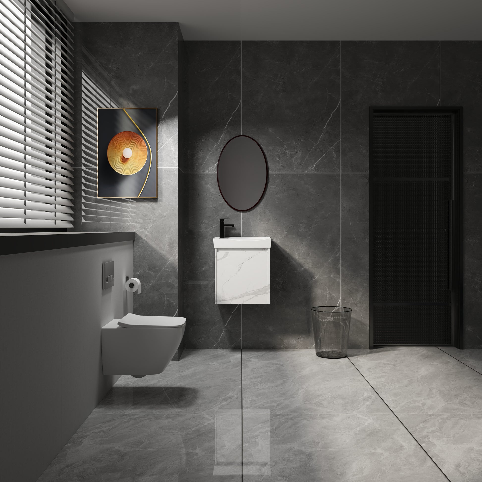 Modern wallmounted toilet in white ceramic with a sleek flush plate